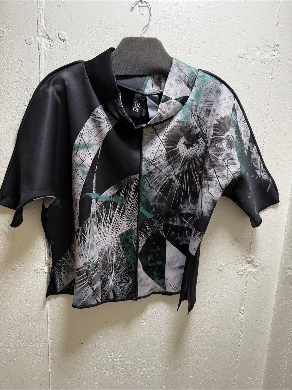 Black, Green, Grey Abstract Print Kimono Sleeve Satin Top by Igor